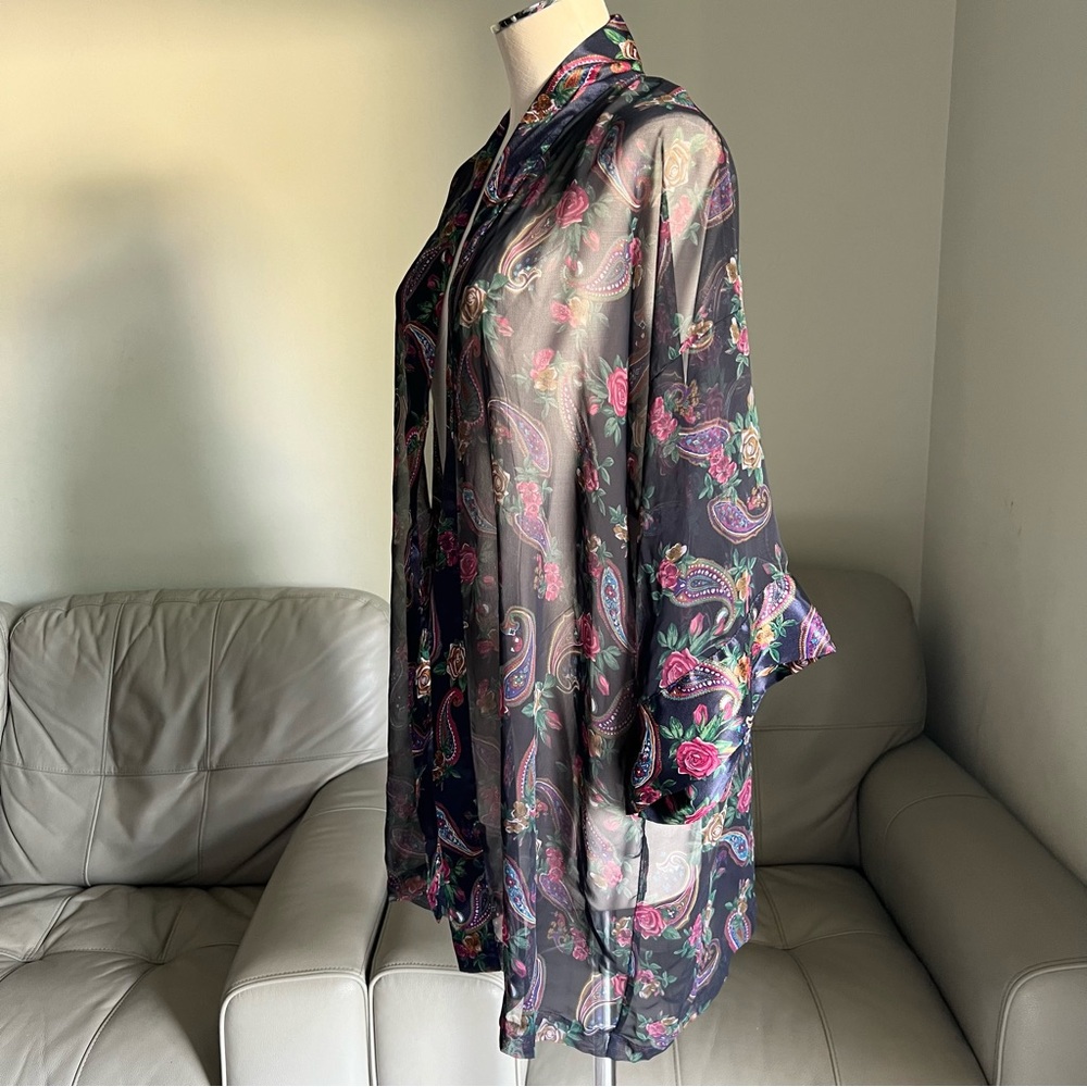 Vintage Victoria’s Secret Gold Label Robe Kimono Floral Paisley Blue Red OS Chic - Picture 4 of 16